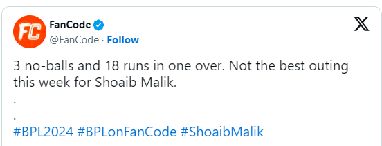 Fancode Tweet about Shoaib Malik No Balls